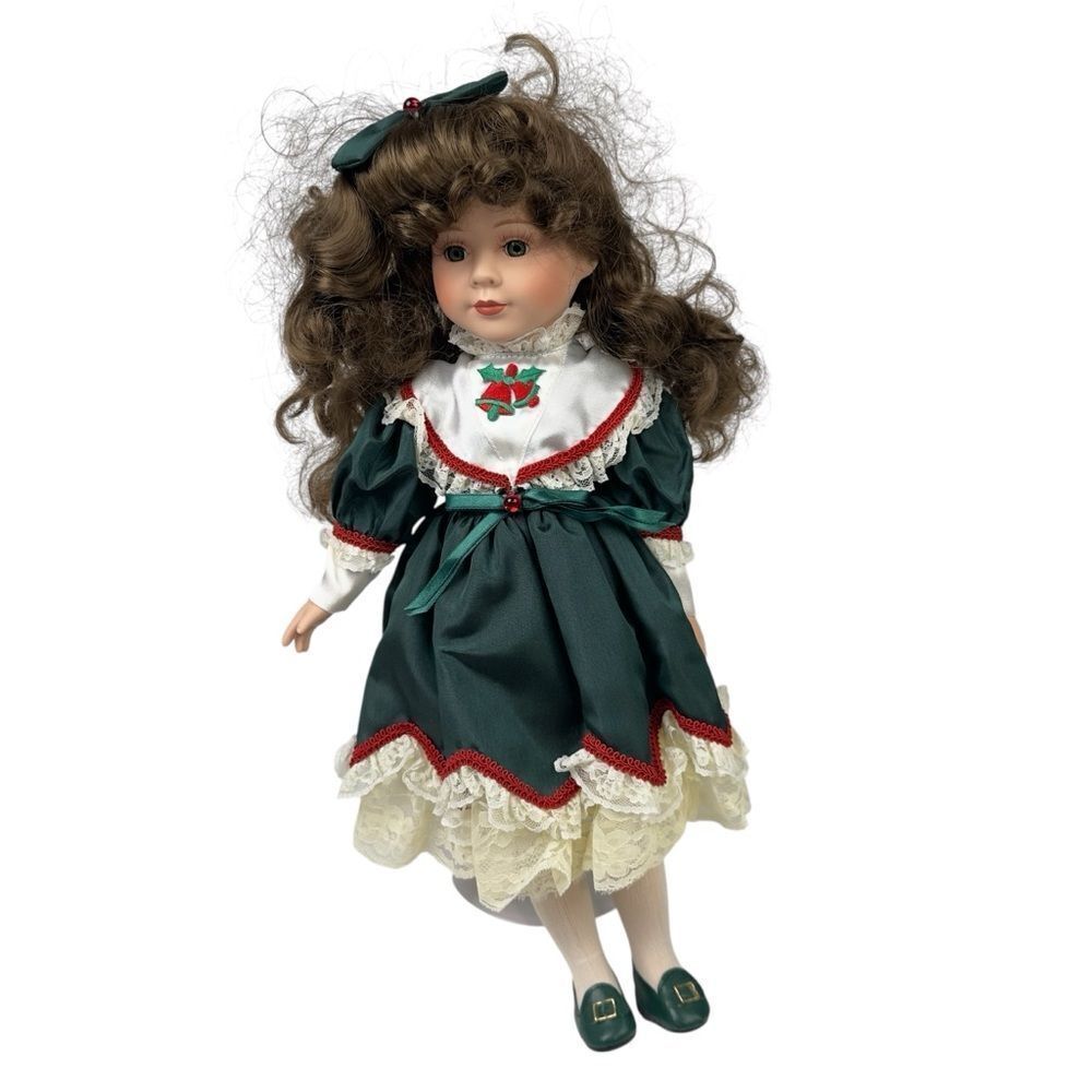 Vintage Lavenda Int’l Porcelain Doll 16” Green Christmas Dress w/ Stand